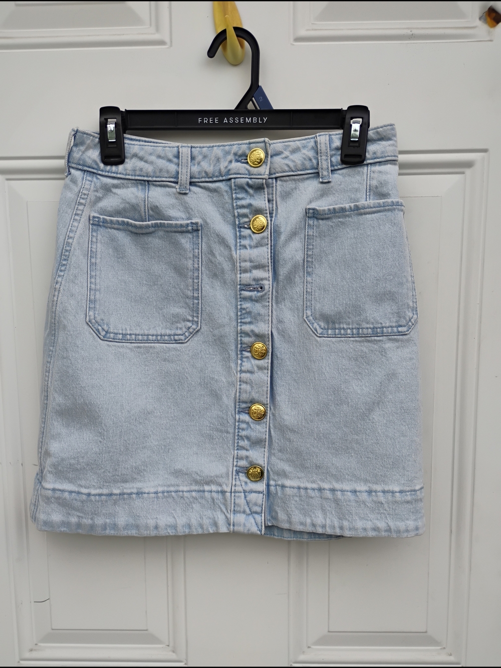 Light Blue Denim Mini Skirt with Gold Buttons - Free Assembly Missing Button
